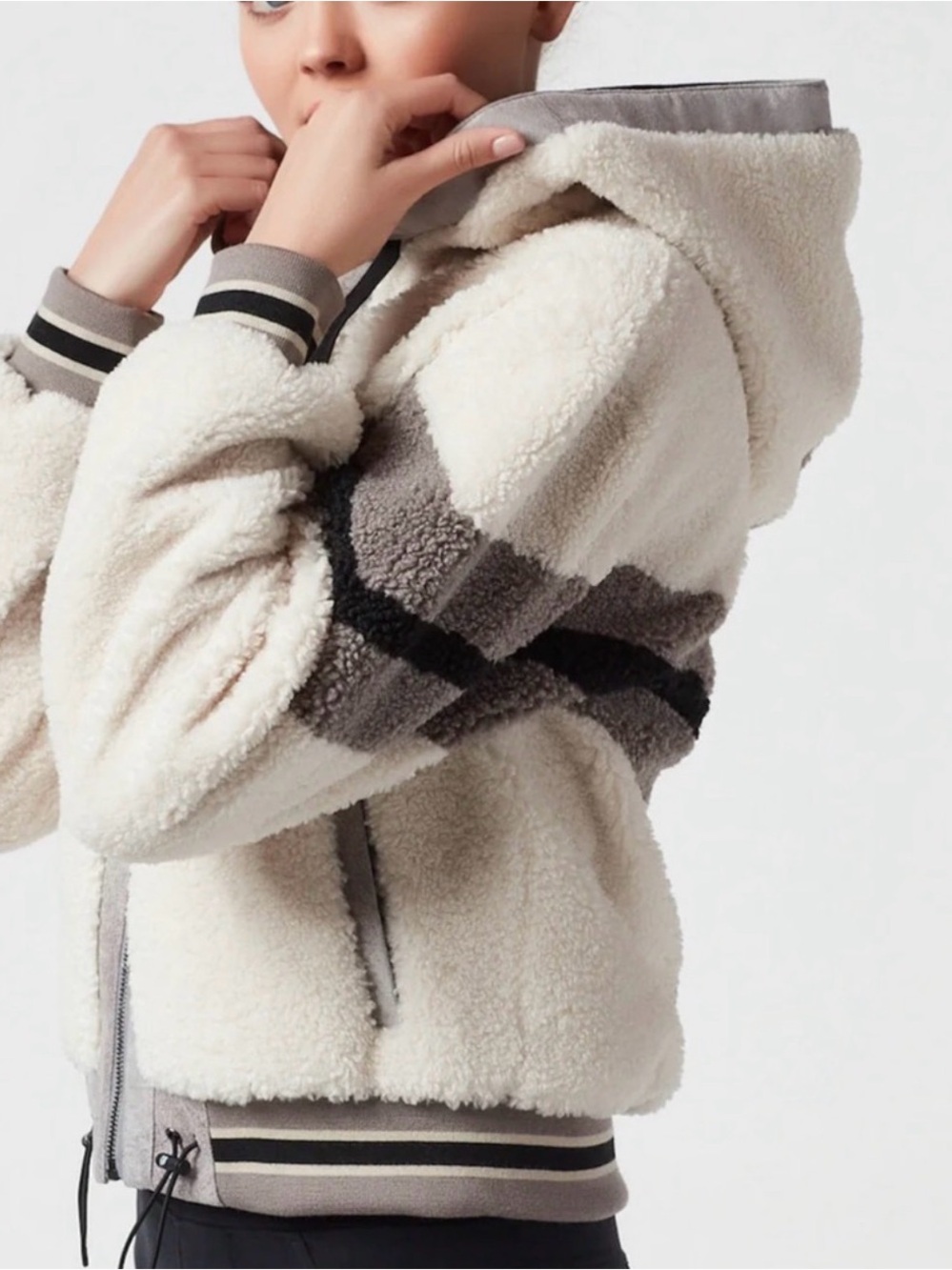 Blanc Noir Faux Fur Cropped Hoodie Teddy Shearling Sz Small